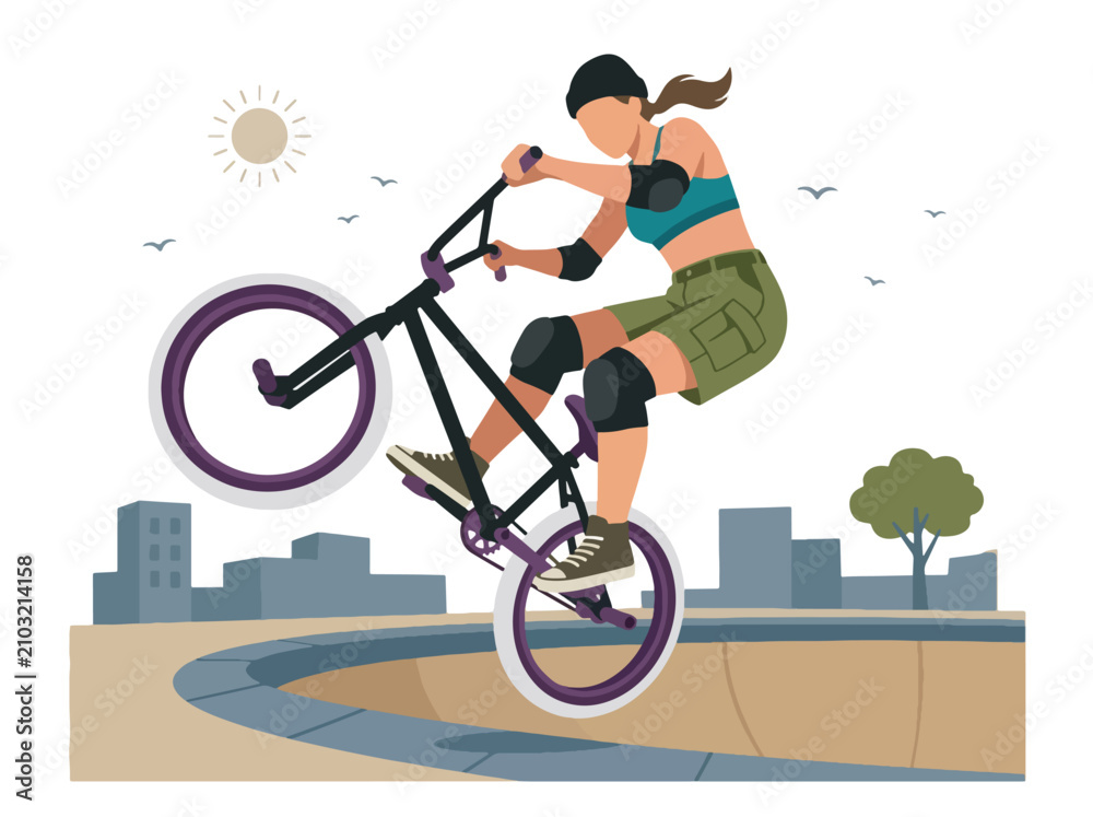 Obraz premium Flat style vector illustration of a female BMX rider performing a jump in an urban skatepark under sunny skies. Perfect for cycling, extreme sports, recreation, youth lifestyle and fitness designs