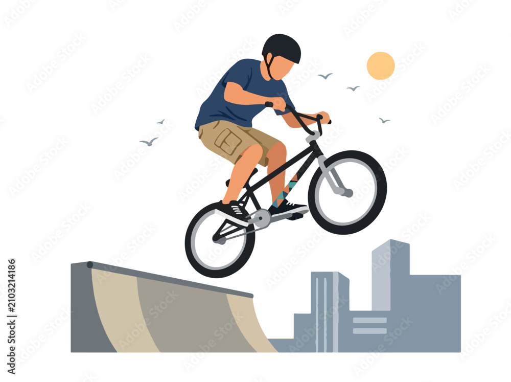 Obraz premium Flat style vector illustration of a male BMX rider performing an aerial trick above a freestyle park ramp. Perfect for cycling, extreme sports, recreation, youth culture and action designs