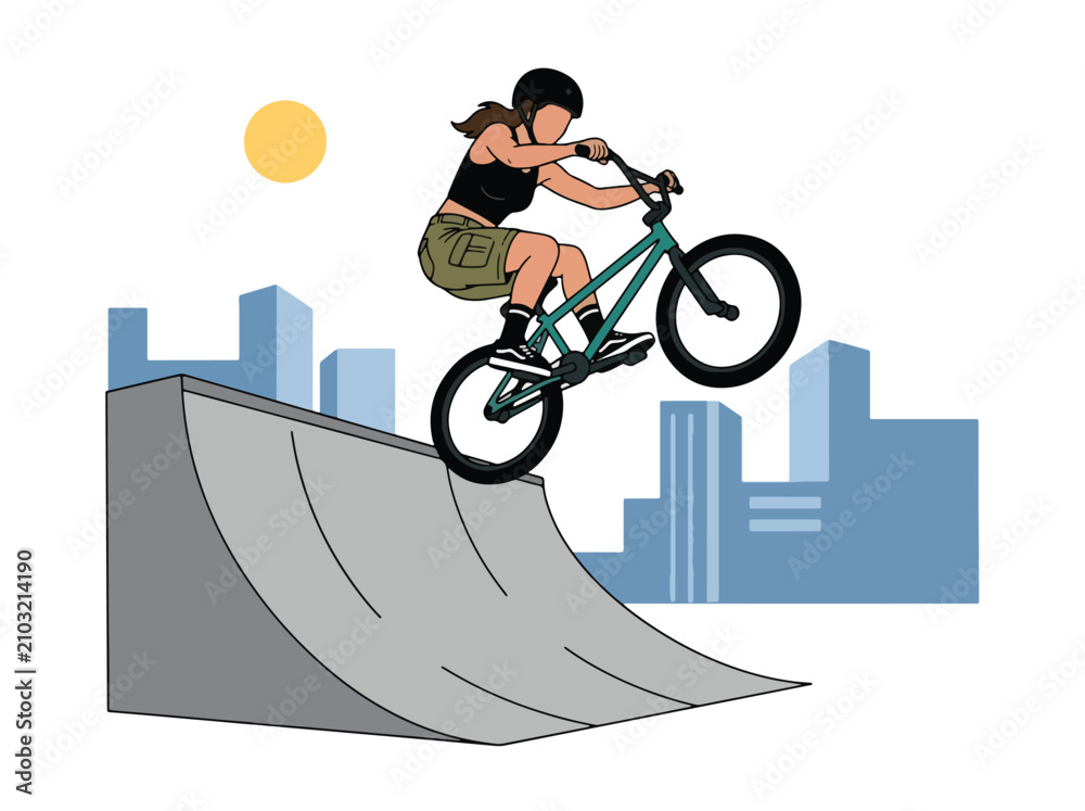 Obraz premium Flat style vector illustration of a female BMX rider performing a jump in an urban skatepark under sunny skies. Perfect for cycling, extreme sports, recreation, youth lifestyle and fitness designs