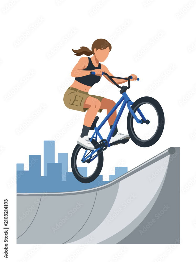 Obraz premium Flat style vector illustration of a female BMX rider performing a jump in an urban skatepark under sunny skies. Perfect for cycling, extreme sports, recreation, youth lifestyle and fitness designs