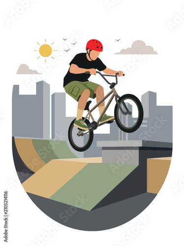 Flat style vector illustration of a male BMX rider performing an aerial trick above a freestyle park ramp. Perfect for cycling, extreme sports, recreation, youth culture and action designs