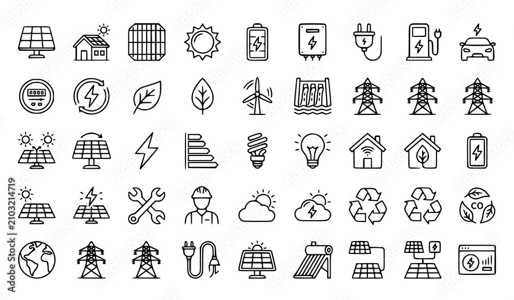 Fototapeta premium Solar Energy Renewable Technology Outline Icon Pack Editable Stroke Vector Collection