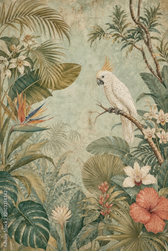 Obraz premium Vintage tropical wallpaper with a cockatoo among lush foliage and flowers.