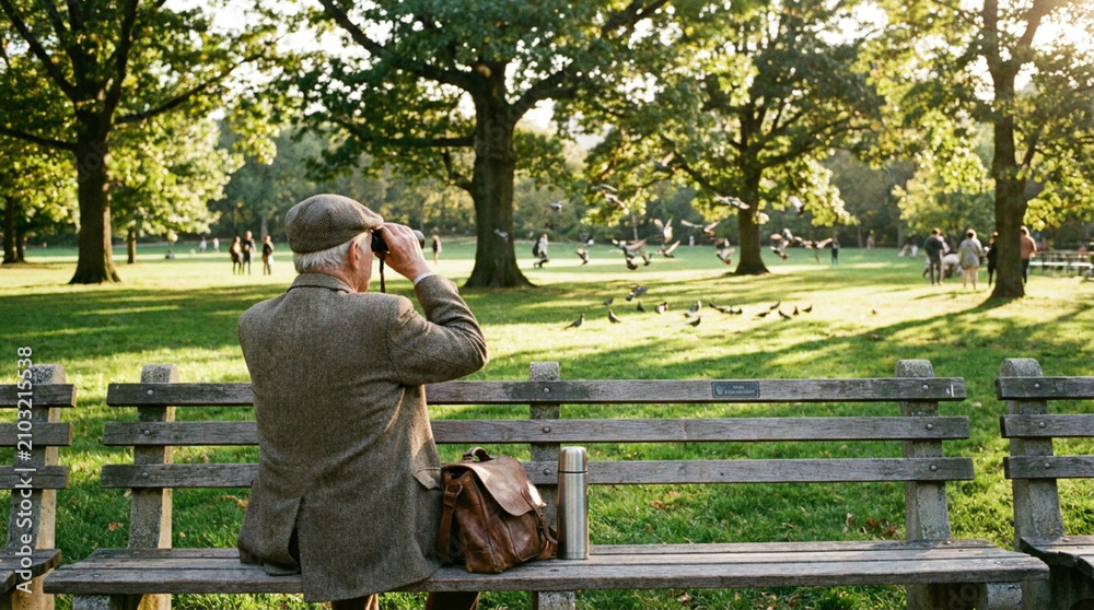 Fototapeta premium Old man with binoculars sitting on wooden bench in sunny park