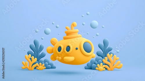 3D clay rendering of yellow submarine underwater with coral reef and air bubbles