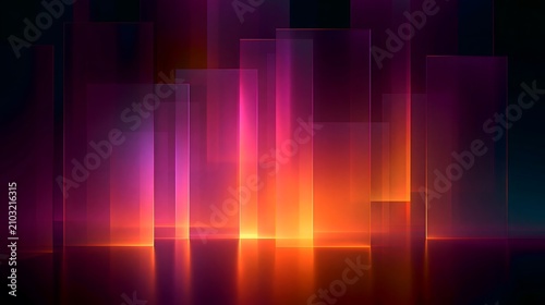 Abstract futuristic background with glowing pink and orange translucent glass panels with reflections
