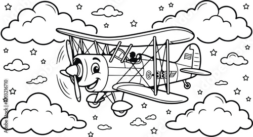 Vintage biplane coloring page fun aircraft illustration for kids and adults