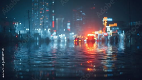 A flooded urban street at night with reflections of city lights and emergency vehicle lights on the water surface.