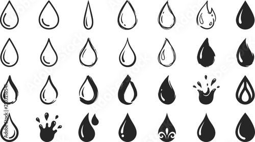 Assorted water drop icons and liquid splash shapes in hand drawn style with handdrawn collection illustration minimalist creative isolated abstract