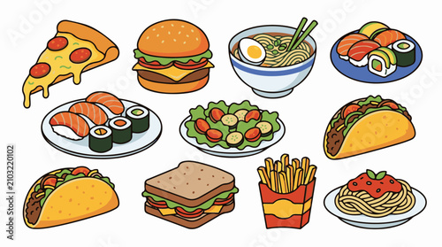 Collage of popular fast foods including pizza burgers sushi and tacos