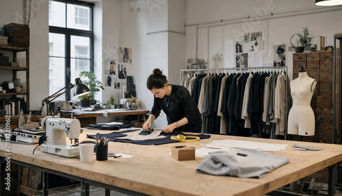 Professional fashion designer creating garment collection in bright tailor clothing atelier workshop studio with small business designer clothing workshop seamstress creative tailoring
