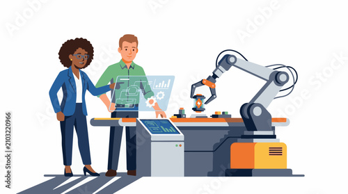 Colleagues collaborate at a digital interface overseeing a robotic arm