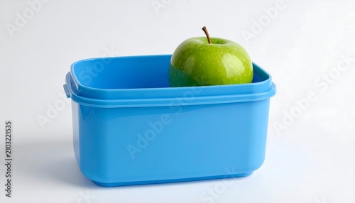 Blue metal bucket with green apple on top.