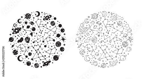 Fotografi constellations and celestial bodies in black vector silhouette with line art pai