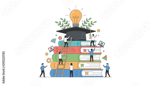 Students using a ladder to reach a glowing lightbulb atop a stack of colorful books for education and creative problem solving concepts.