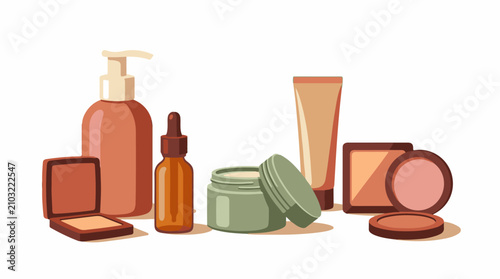 Collection of cosmetic products including bottles jars and compacts
