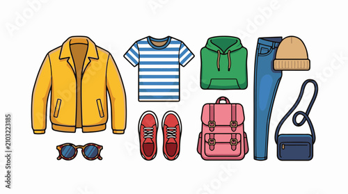 Collection of casual outfits and accessories for young people
