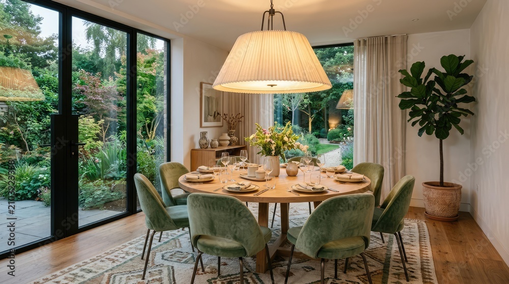 Fototapeta premium Luxury dining room overlooking lush garden through glass.
