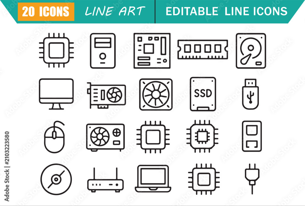Fototapeta premium Isolated computer hardware icons set, 20 editable line art icons set, processor, motherboard, memory, storage, electronics, device, computer components theme style, clean outline vector