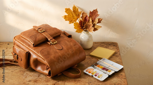 Autumn Backpack Essentials: A vintage brown leather backpack rests beside a palette of watercolor paints and a small notepad, adorned with a vase of vibrant fall leaves.