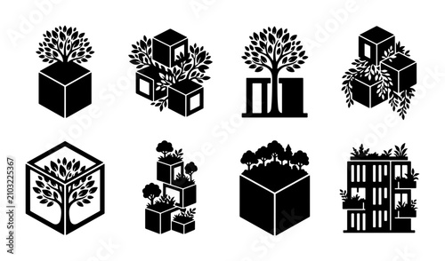 Obraz na plátně Urban Greenery Icons: Eco-Friendly Cityscape Elements, Sustainable Architecture