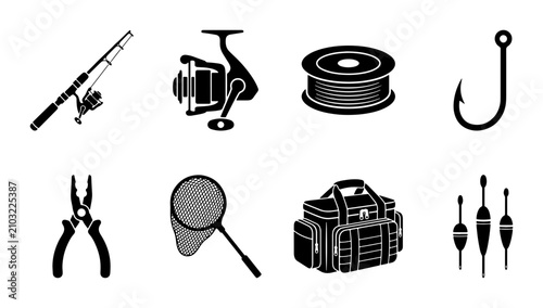 Schilderij op canvas Fishing Gear Icons: Rod, Reel, Tackle Box, Net, Floats, Hook, Pliers, Line Spool