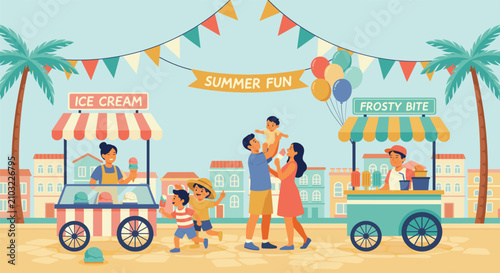 Summer fun fair with ice cream and frosty bite food stalls