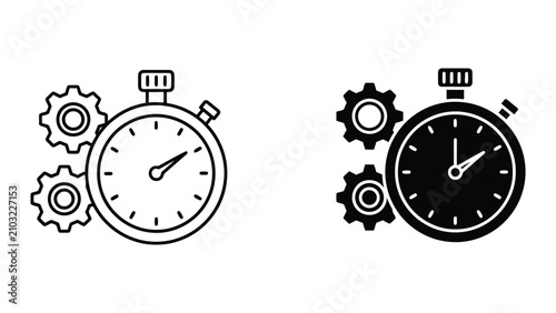 Stopwatch and gear icons representing time management and efficiency in a minimalist vector style