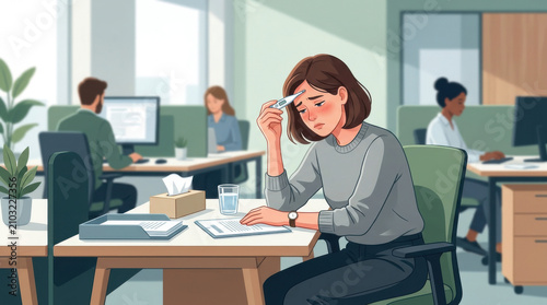 Sick Employee Working In Open Office Space Feeling Unwell At Desk