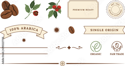 Canvastavla Coffee branding elements set with beans, leaves, berries, banners and labels