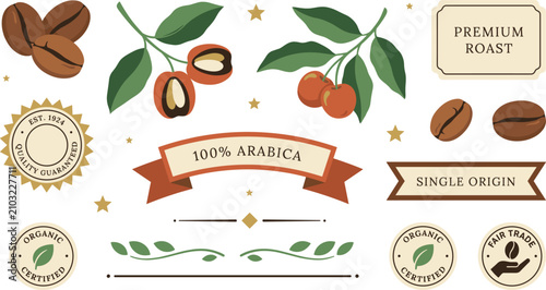 Coffee elements set with coffee beans, branches, berries, labels and ribbons
