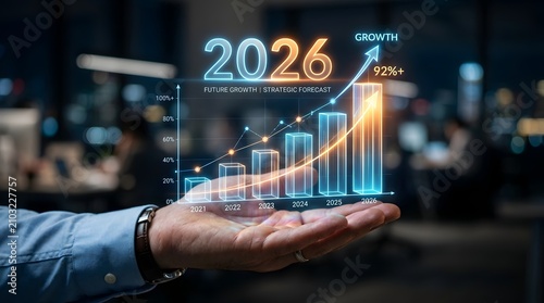 Businessman holding glowing 3D bar chart with growth arrow and 2026 year in palm against blurred city night background