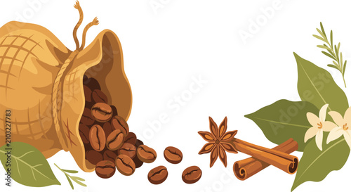 Photography Coffee beans in a burlap sack with cinnamon sticks, star anise, and green leaves