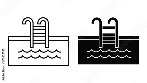 Swimming Pool Icons Set Featuring Ladder and Water Surface in Minimalist Line Art and Solid Style