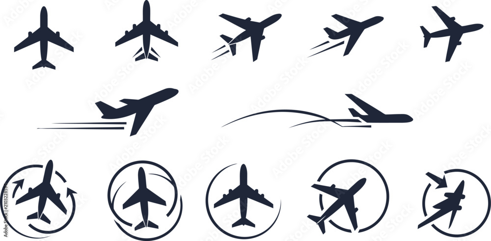 Fototapeta premium Airplane flight travel vector icon set for aviation and tourism