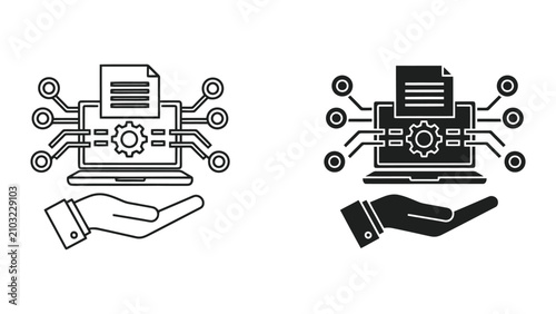 Hand Holding Laptop Computer with Digital Data Processing Gear Icon in Minimalist Vector Style