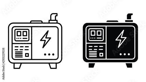 Portable Electric Generator Icons Set Featuring Line Art and Solid Silhouette Styles