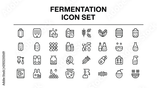 Foto Diverse fermentation icon set featuring various jars plants leaves bottles and t