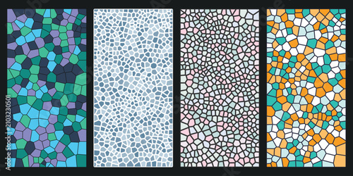Set of Four Colorful Mosaic Pattern Backgrounds with Geometric Abstract Stained Glass Textures for Modern Graphic Design Projects