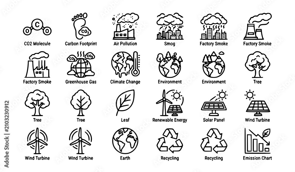 Fototapeta premium CO2 Carbon Emission Environment Line Icon Set Black Vector Editable B2B SaaS Dashboard UI App Business