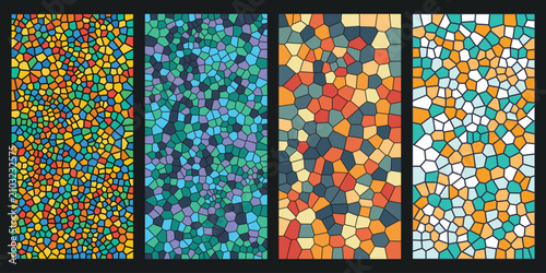 Four Vertical Seamless Mosaic Patterns with Colorful Geometric Stained Glass Texture Elements for Decorative Design Backgrounds