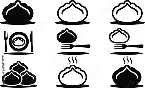 Foto Dim sum and baozi dumpling icon set vector illustration featuring hot steamed bu