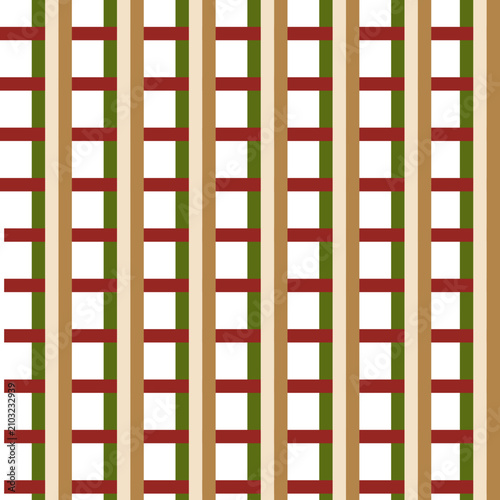Seamless plaid pattern featuring intersecting horizontal and vertical lines in red, green, and beige tones on a light background. A cozy geometric textile design suitable for fabric, clothing, wallpap