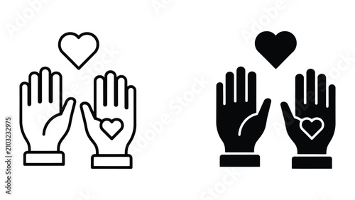 Fotografie Hands holding heart icon set representing charity and care in a minimalist vecto
