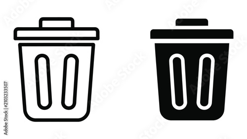 Trash can icons set featuring solid and outline vector designs for digital interface navigation