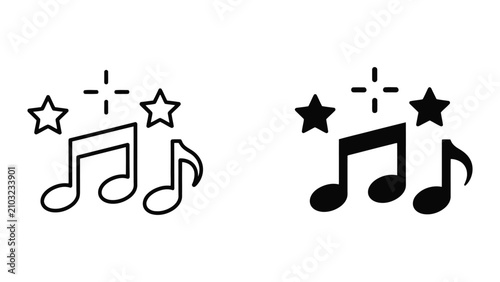 Musical notes with stars icons set in outline and solid black vector style for creative design