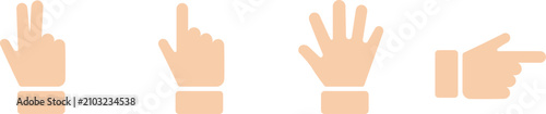 Soft peach skin tone hand gesture icon set in flat filled style. Peace, point, open palm, and fist finger symbols suit app and web design. Warm minimal vector collection ideal for interface and commun