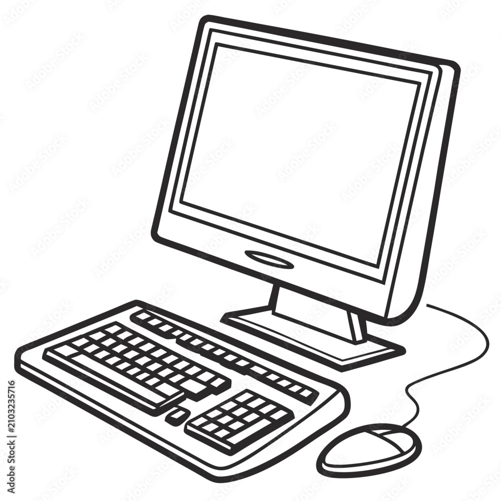 Fototapeta premium Desktop computer with keyboard and mouse line art illustration