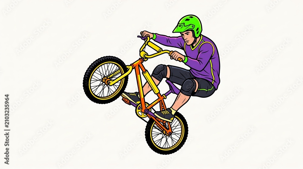 Obraz premium Bmx Rider Performing Dynamic Midair Stunt Wheelie Trick Cartoon Graphic Style Artwork