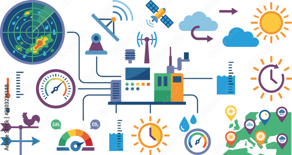 Naklejka premium Weather Monitoring and Meteorology Dashboard Icons Vector Set with Climate Forecast Sensors Radar and Environmental Data Elements